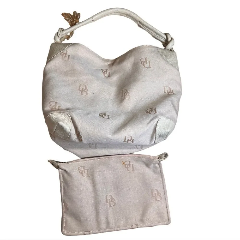 Dooney Bourke Off Wht Signature Canvas Leather Trim Hobo Handbag Removable Pouch